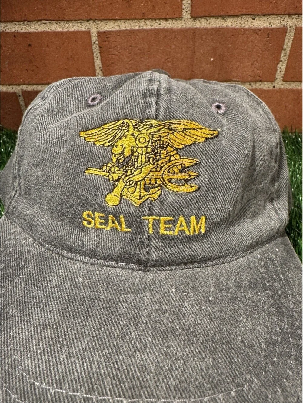 VTG 90 Distressed Black Denim Navy Seal StrapBack Hat By Otto